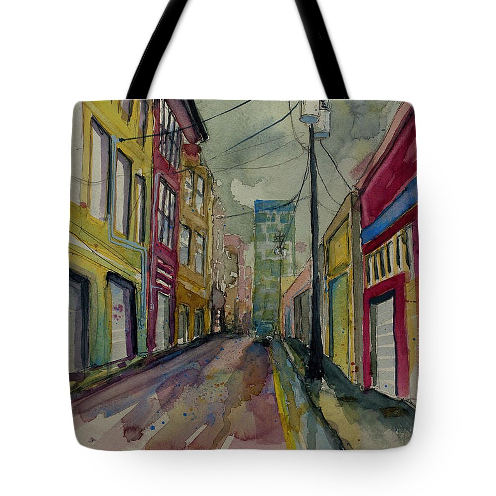 Asheville Cityscape Tote Bag featuring the painting Cityscape Urbanscape Asheville Alley by Gray Artus