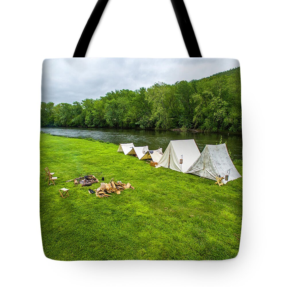 Cannon Tote Bag featuring the photograph Civil War Camp by the James by Star City SkyCams