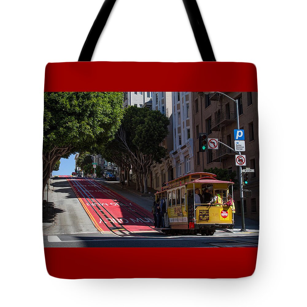 Bonnie Follett Tote Bag featuring the photograph Clang Clang Goes The Cable Car by Bonnie Follett