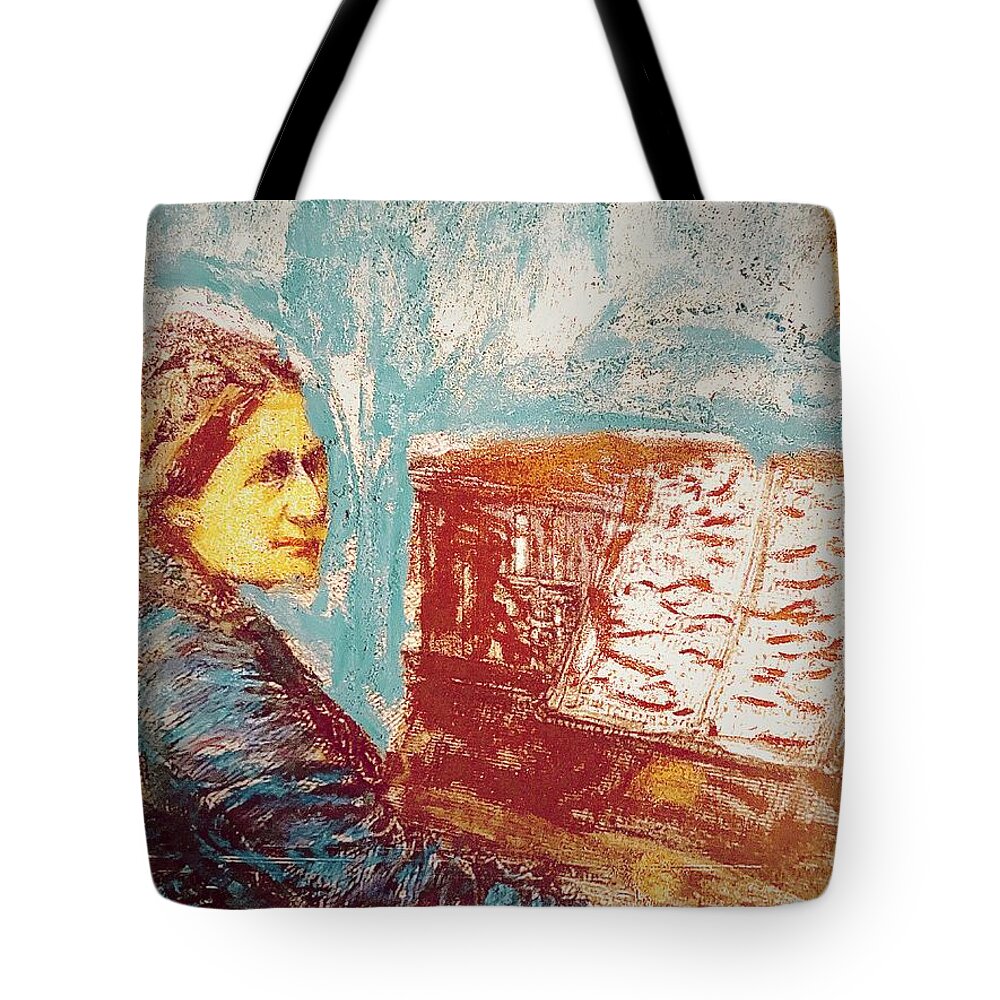 Clara Schumann At Piano Tote Bag featuring the drawing Clara Schumann at Piano by Bencasso Barnesquiat