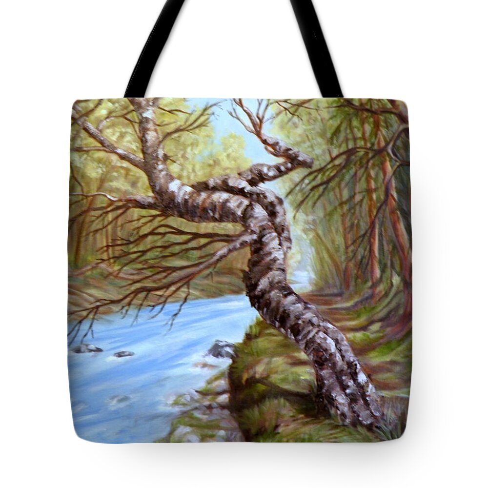 River Trees Bank Nature Landscape Cottonwood Bark Branches Cedars Fir Rocks Water Moss Sunlight Shadows Light Sky Blue Yellow Orange Green Brown White Grey Tote Bag featuring the painting Clayton River by Ida Eriksen