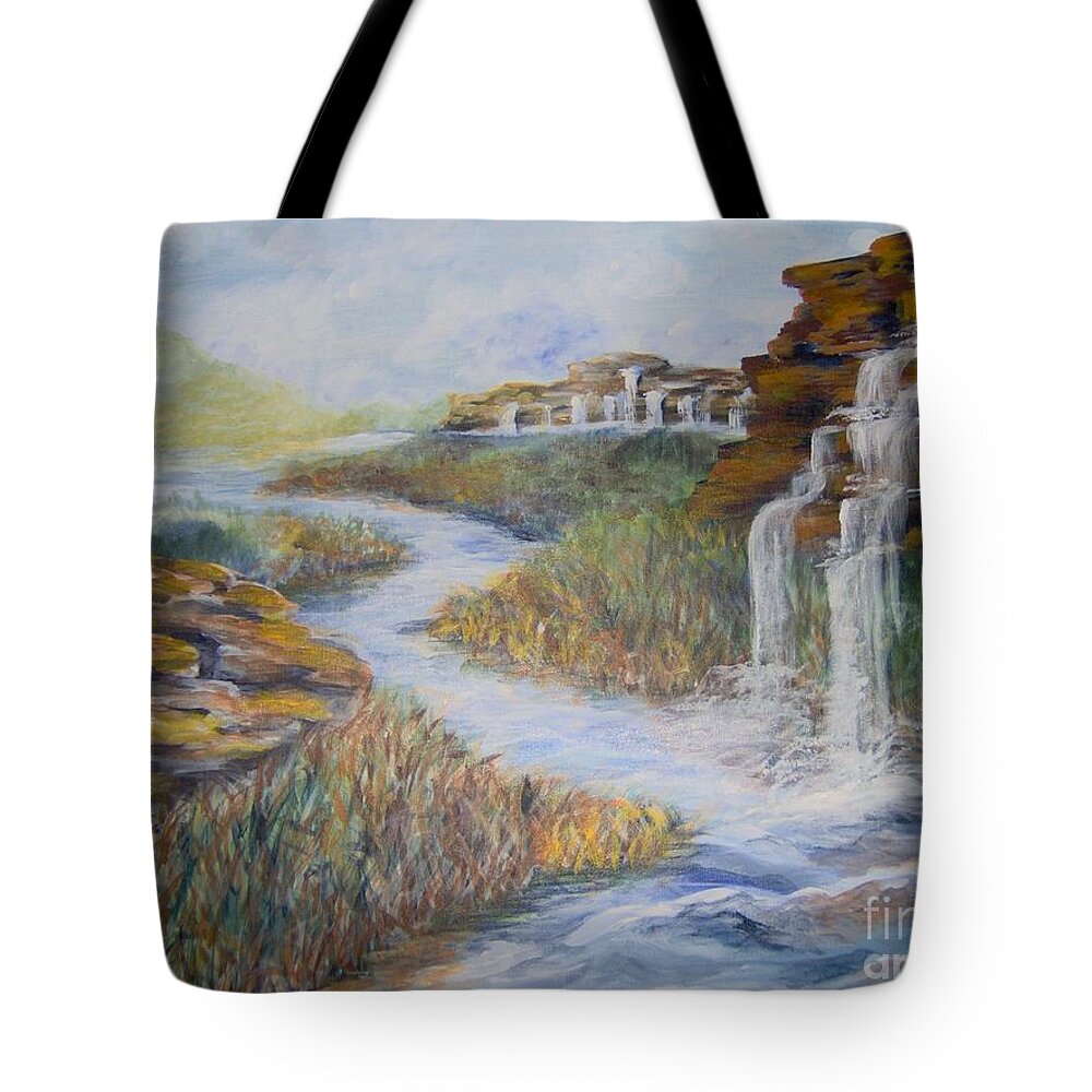 Waterfall Tote Bag featuring the painting Cleansing by Saundra Johnson