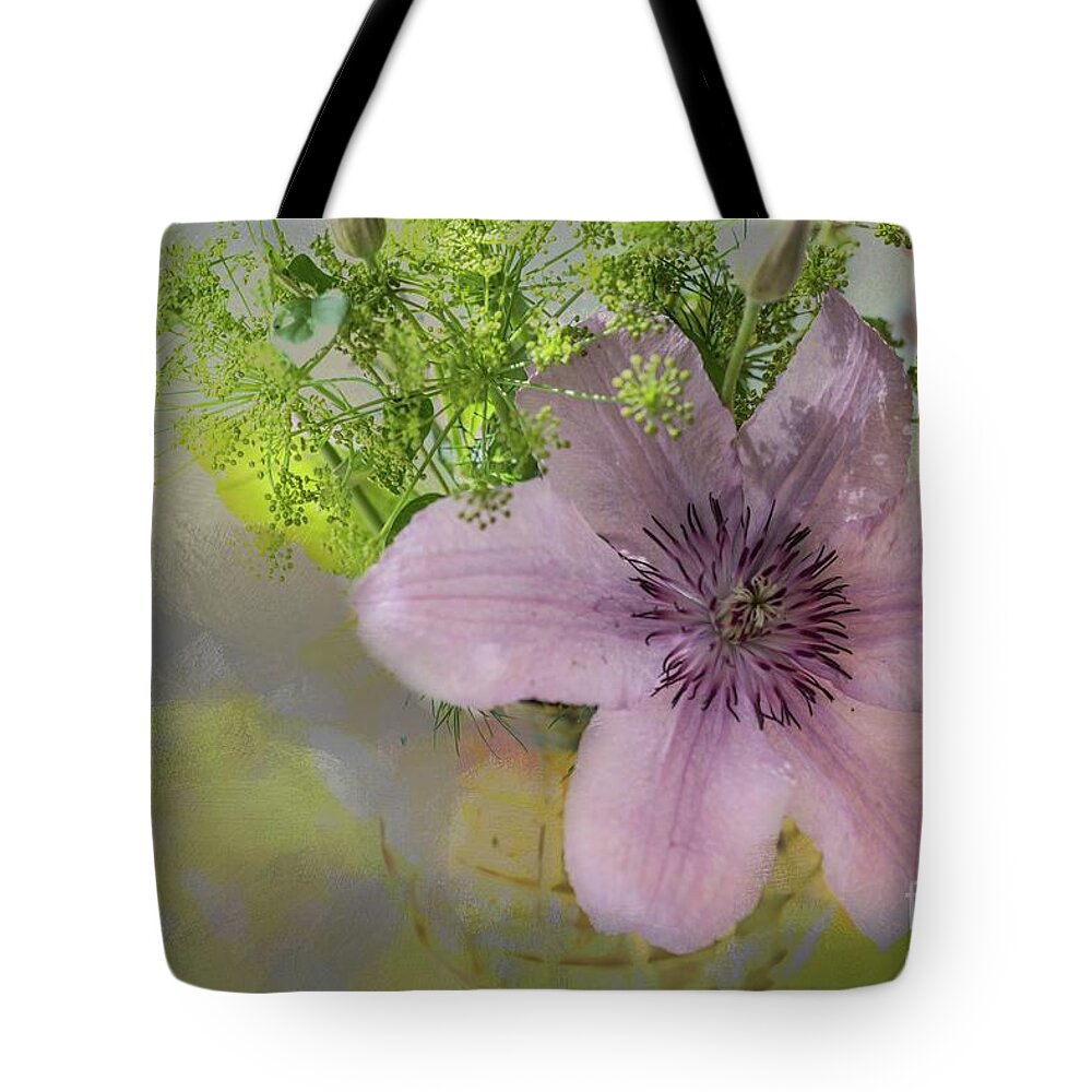 Clematis Tote Bag featuring the mixed media Clematis in a Vase by Eva Lechner