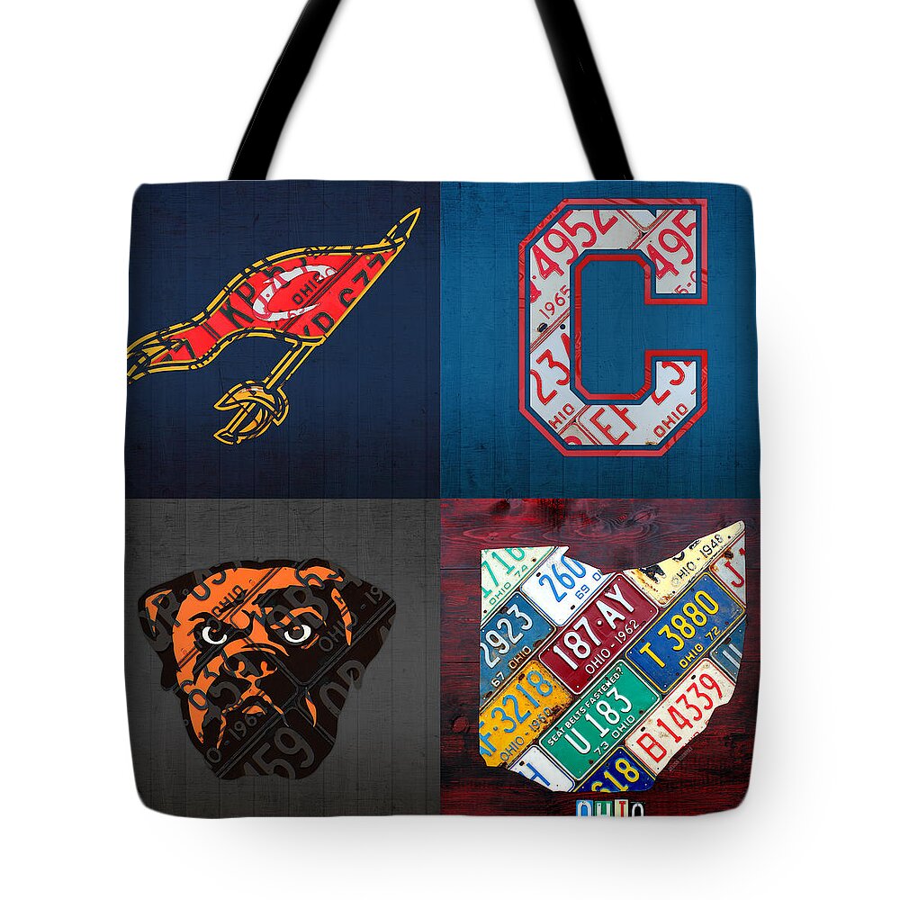 Cleveland Tote Bag featuring the mixed media Cleveland Sports Fan Recycled Vintage Ohio License Plate Art Cavaliers Indians Browns and State Map by Design Turnpike