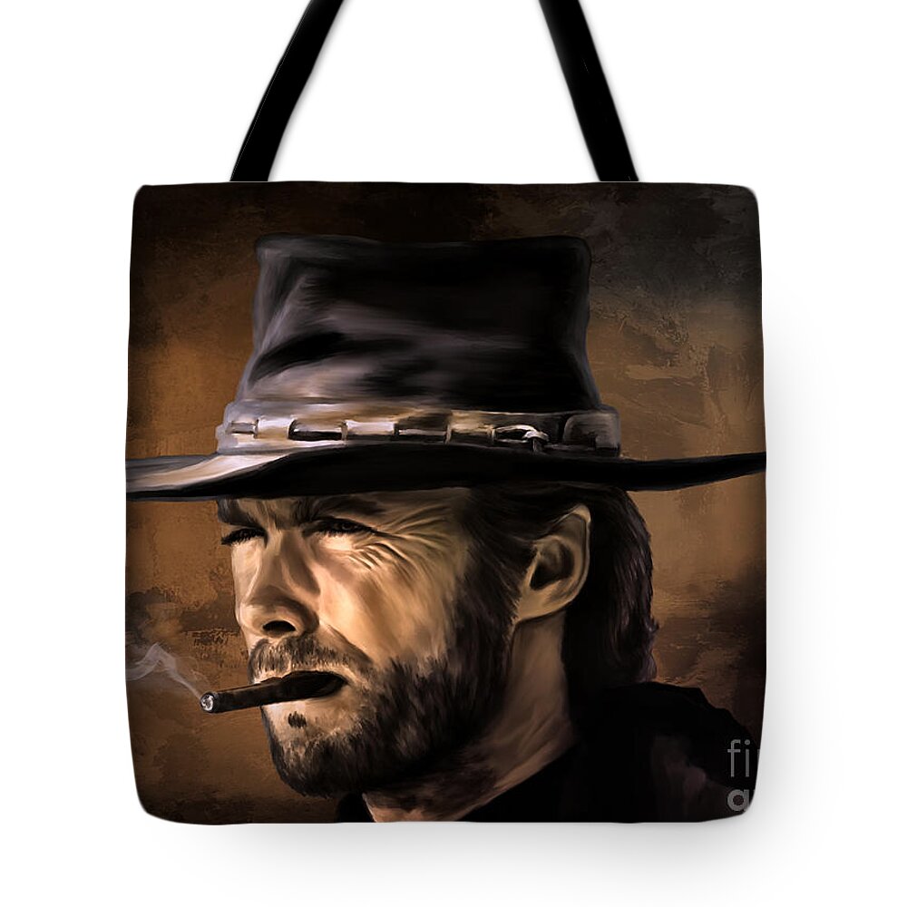 Western Tote Bag featuring the digital art Clint by Andrzej Szczerski