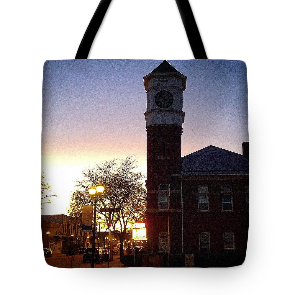 Alma Tote Bag featuring the photograph Clocktower and the Strand Theater at Dusk by Chris Brown