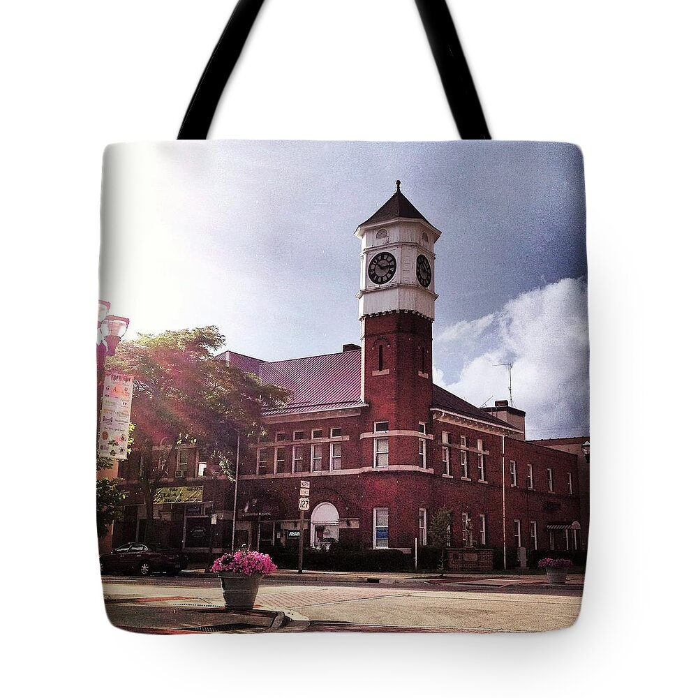 Alma Tote Bag featuring the photograph Clocktower Sunshine by Chris Brown