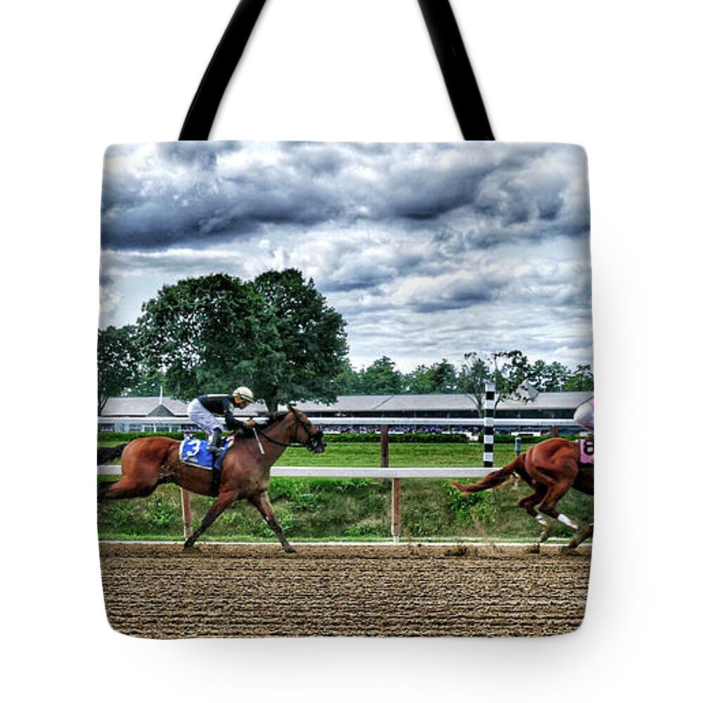 Race Horses Tote Bag featuring the photograph Close Competition by Jeffrey PERKINS