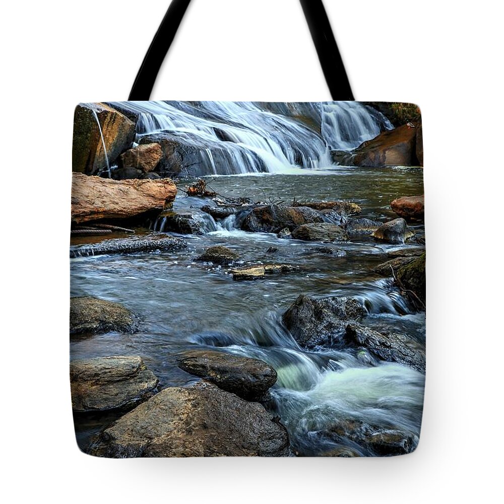 Falls Park On The Reedy River Tote Bag featuring the photograph Close Up Of Reedy Falls in South Carolina by Carol Montoya