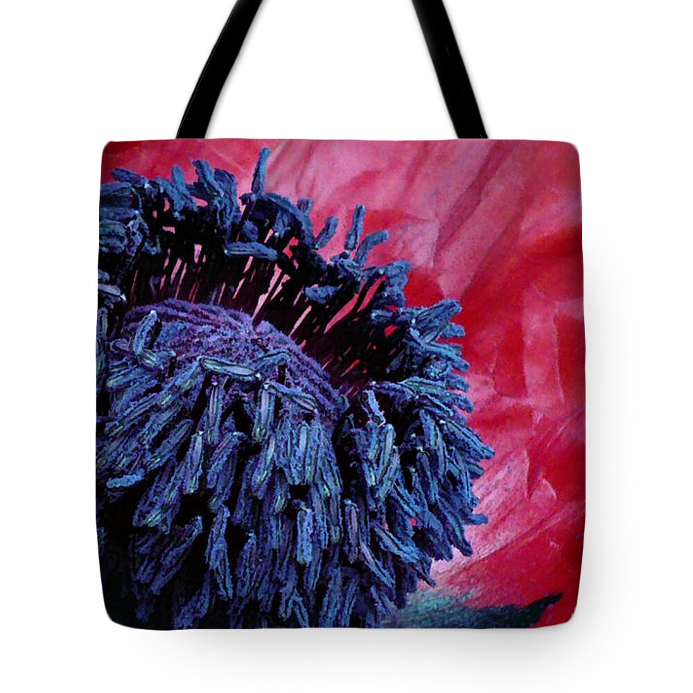 Deep Red Tote Bag featuring the photograph Close up poppy stamen by Jacqueline Milner