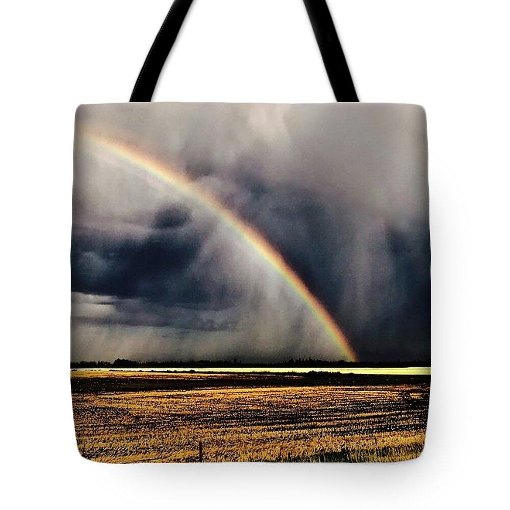 Cloud Burst Tote Bag featuring the photograph Cloud burst and Rainbow early Spring Storm by Brian Sereda