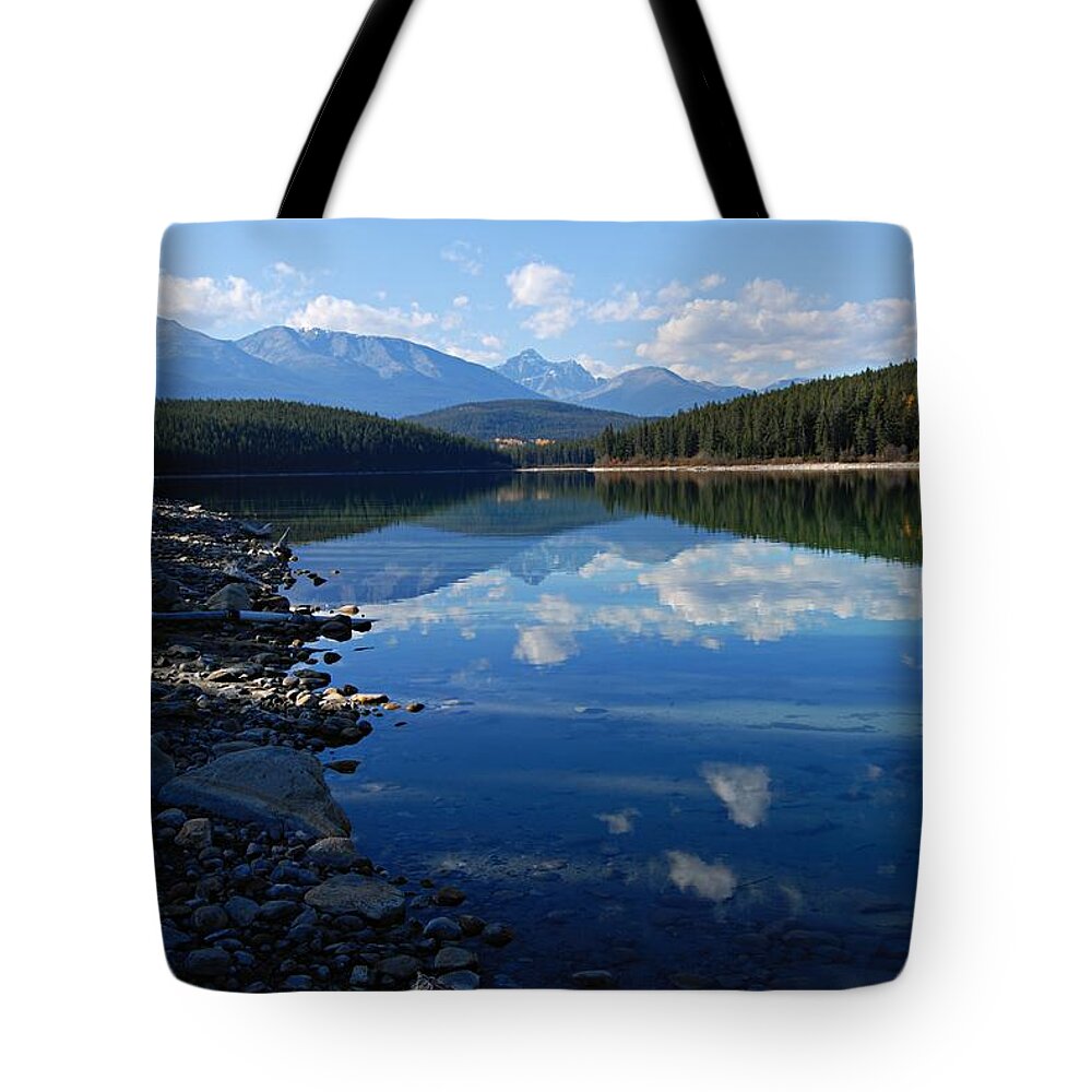 Patricia Lake Tote Bag featuring the photograph Cloud Reflections in Patricia Lake by Larry Ricker
