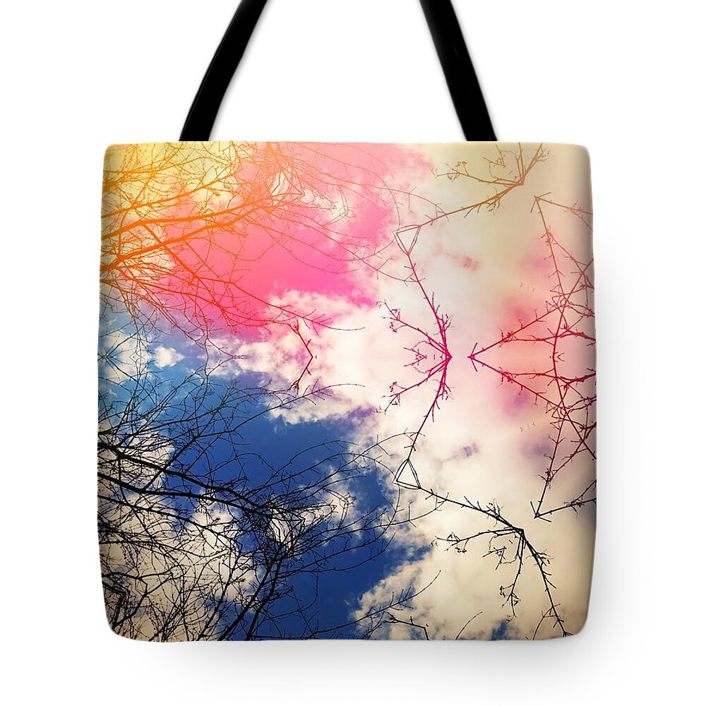 Colorful Tote Bag featuring the digital art Cloudburst tree kaleidoscope by Itsonlythemoon