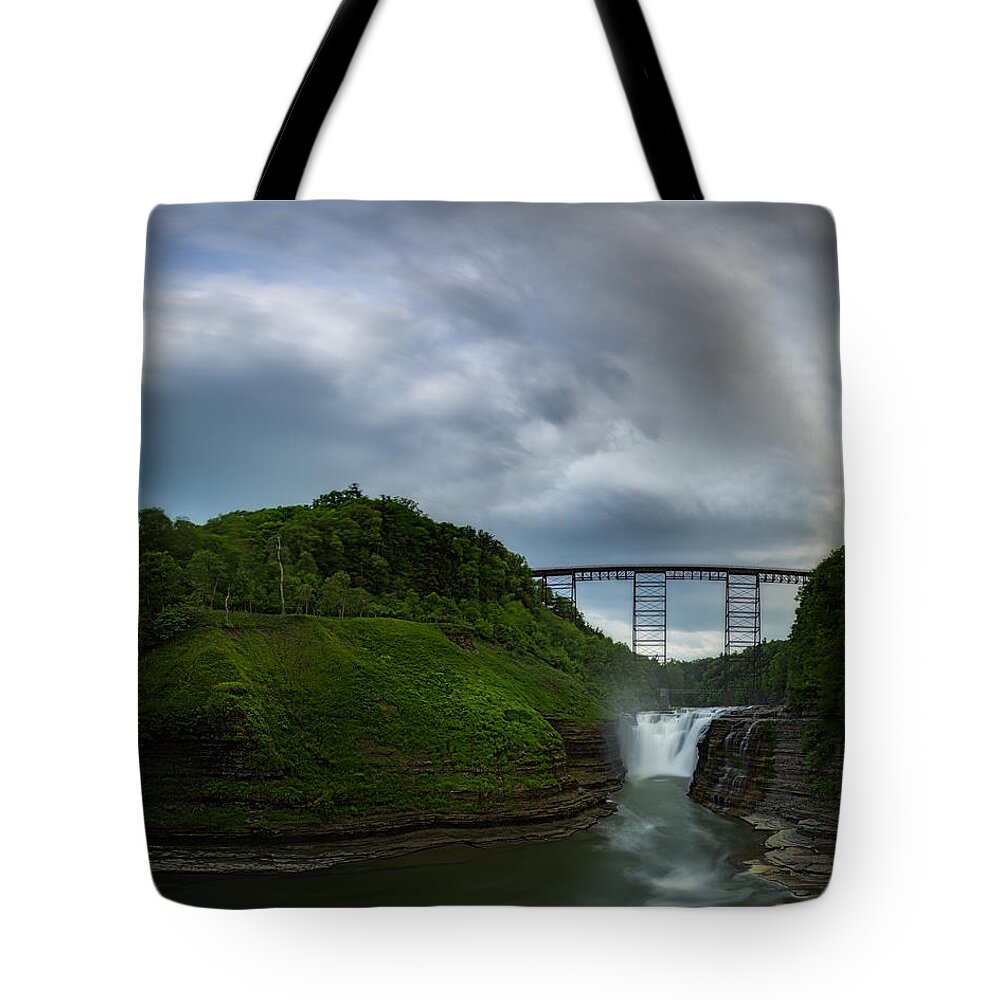 Letchworth Tote Bag featuring the photograph Clouds roll over Letchworth Upper Falls by Chris Bordeleau