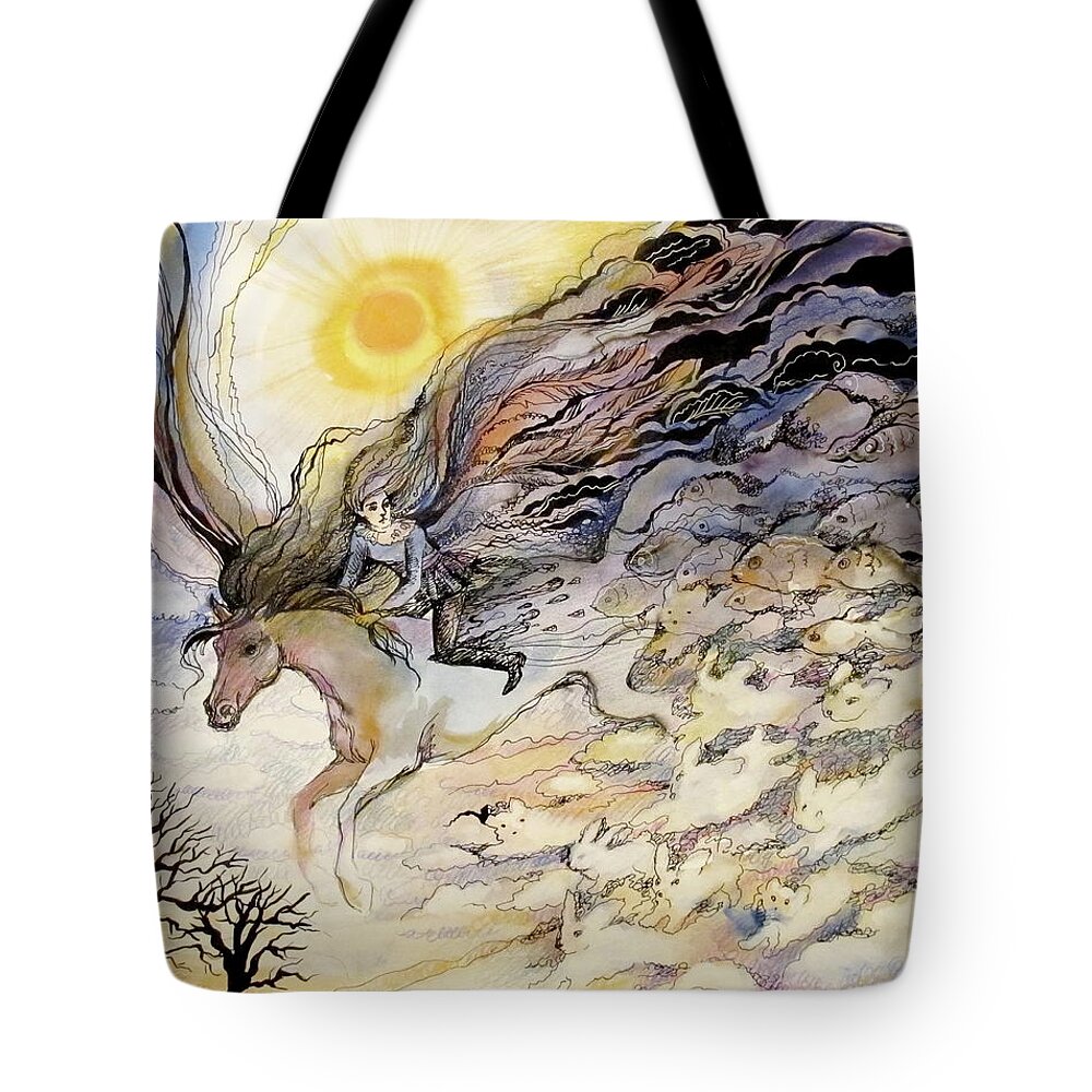 Fantasy Tote Bag featuring the drawing Clouds by Valentina Plishchina