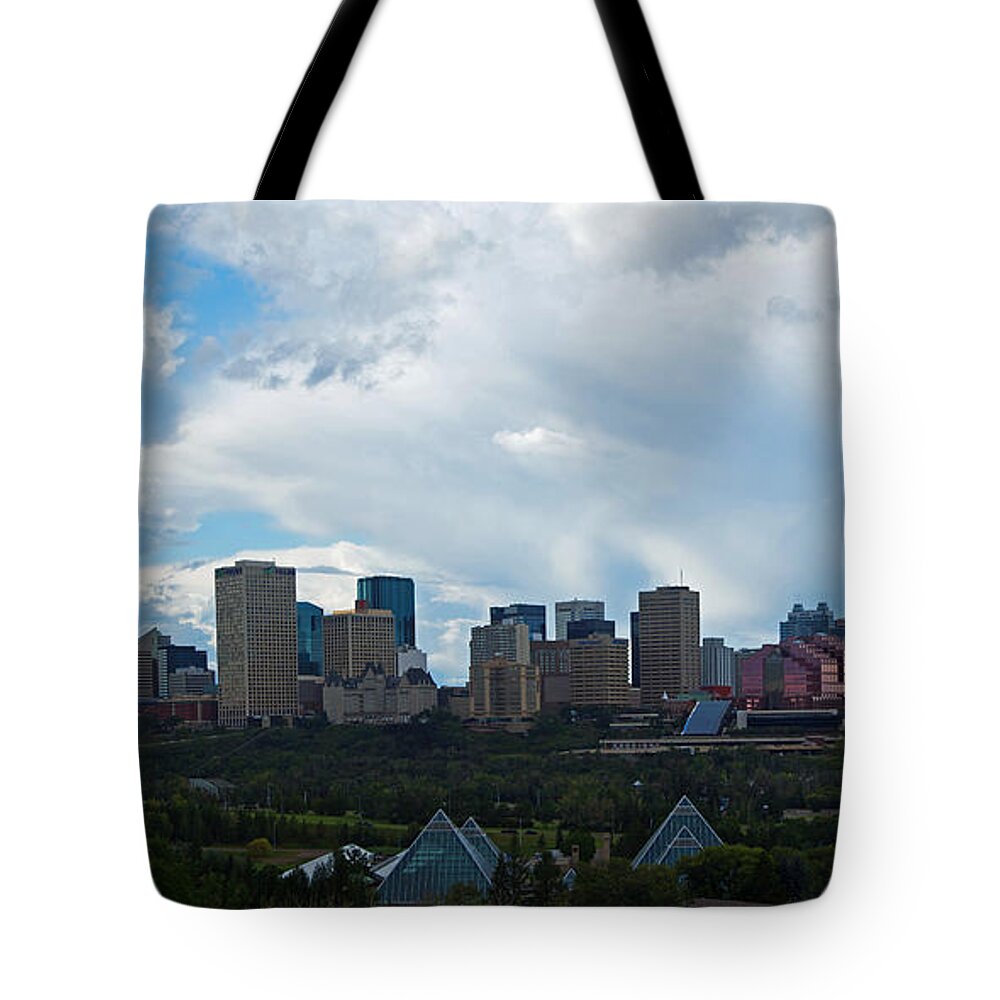 Panorama Tote Bag featuring the photograph Cloudy Skyline Edmonton by David Kleinsasser