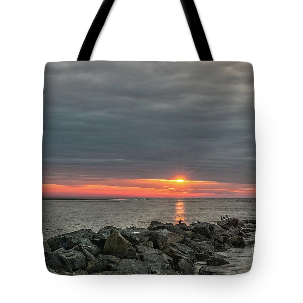 Sunrise Tote Bag featuring the photograph Cloudy Sunrise over Breach Inlet in Charleston South Carolina by Dale Powell