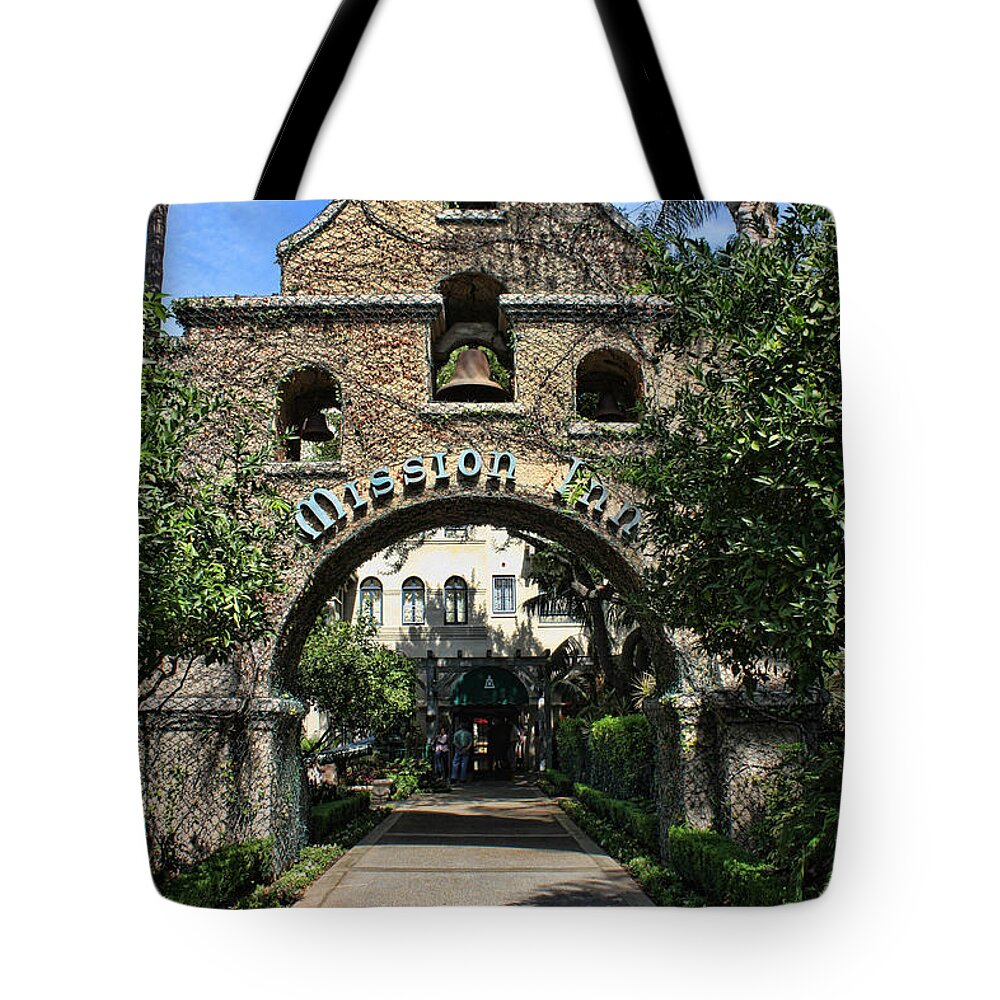 Mission Inn Tote Bag featuring the photograph Coach Entrance by Tommy Anderson