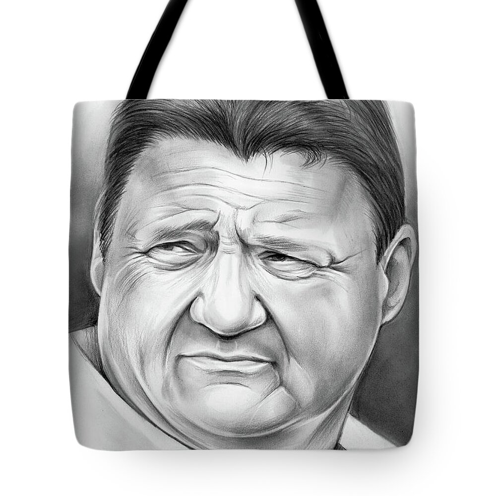 Lsu Tote Bag featuring the drawing Coach Orgeron by Greg Joens