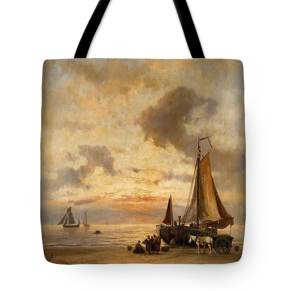 Johannes Herman Barend Koekkoek Tote Bag featuring the painting Coastal Landscape at Evening by MotionAge Designs