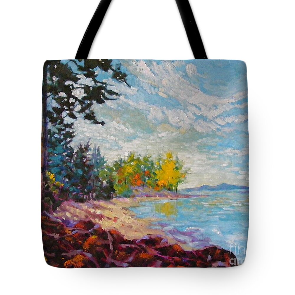 Seascape Tote Bag featuring the painting Coastal view by Celine K Yong