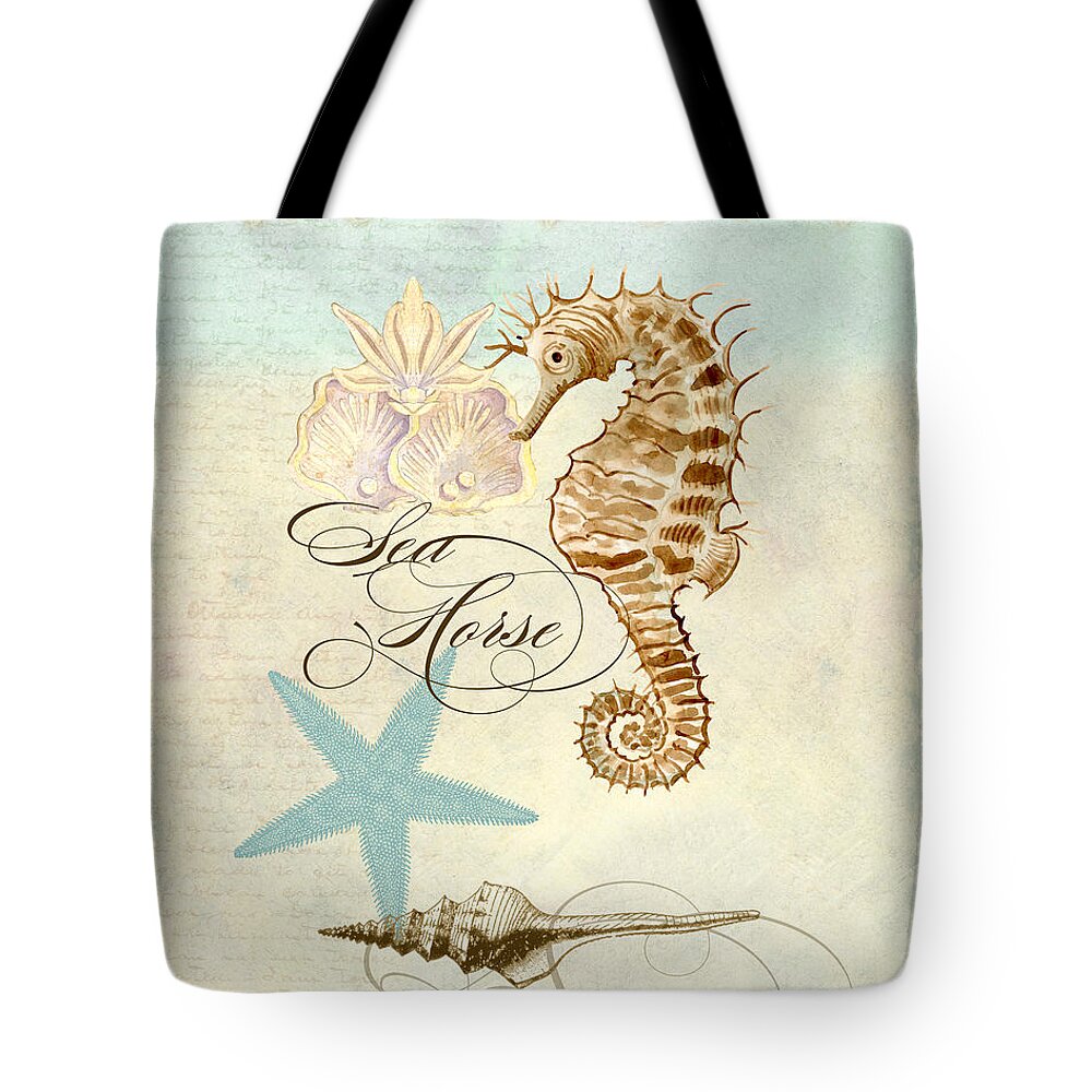 Watercolor Tote Bag featuring the painting Coastal Waterways - Seahorse Rectangle 2 by Audrey Jeanne Roberts