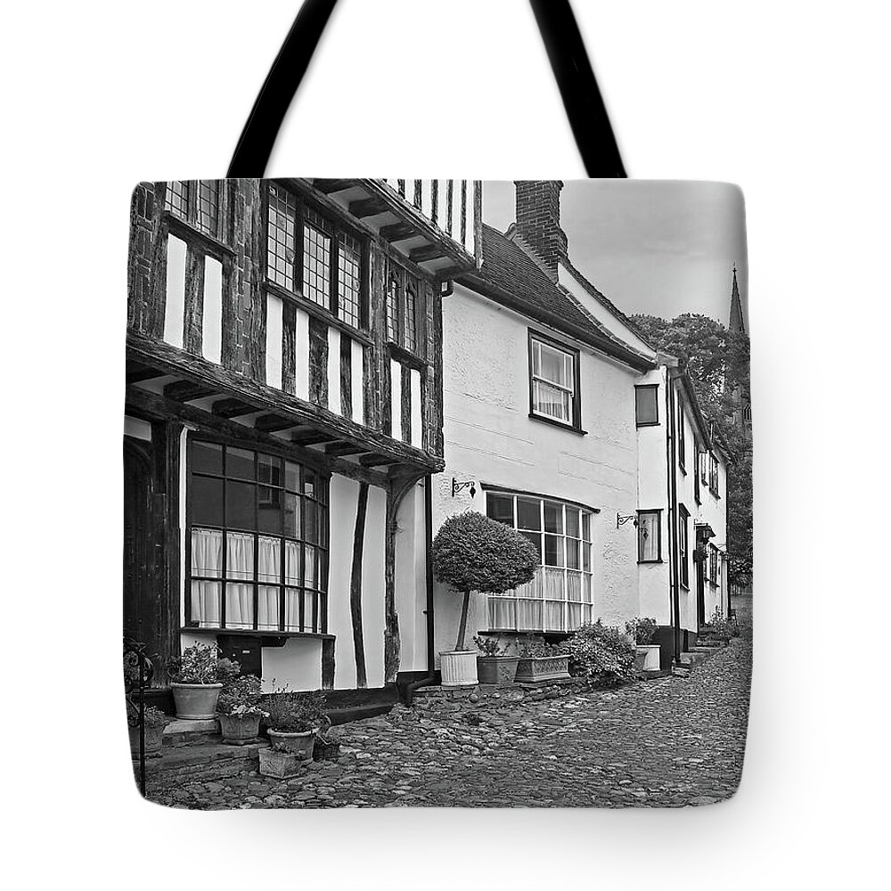 Thaxted Tote Bag featuring the photograph Cobblestone Street Thaxted in Black and White by Gill Billington