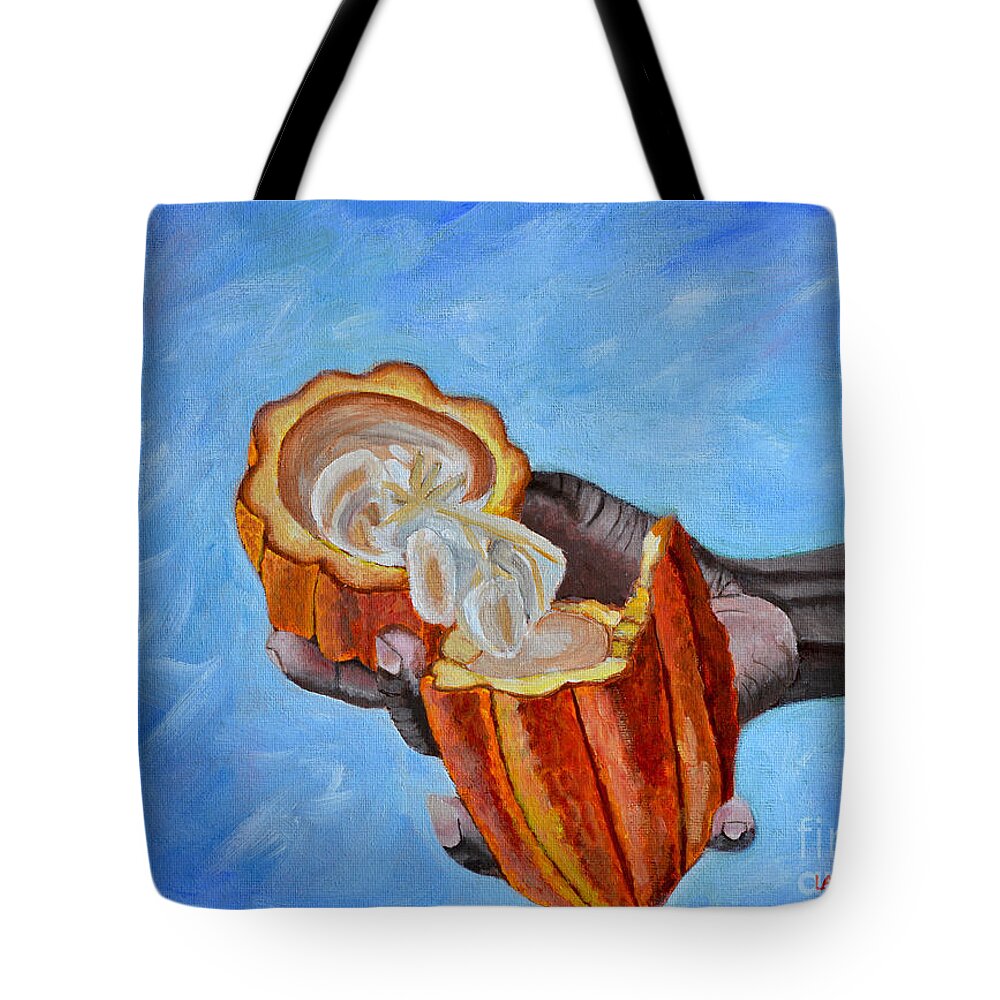Grenada Tote Bag featuring the painting Cocoa Pod In Hand v2 by Laura Forde