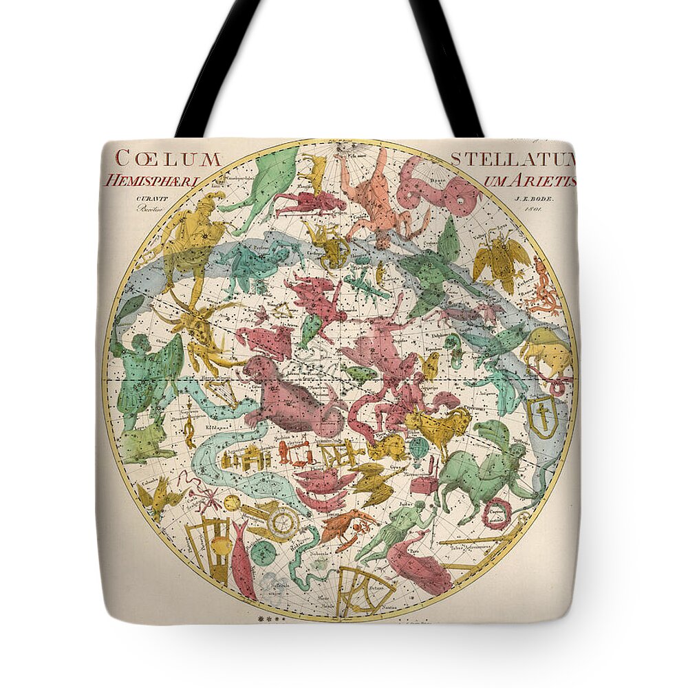 Celestial Chart Tote Bag featuring the drawing Coelum Stellatum - Map of the Sky - The Heavens - Constellations - Celestial Chart - Astronomy by Studio Grafiikka