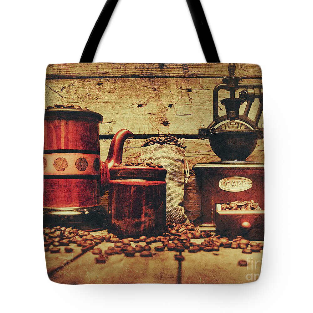 Beverage Tote Bag featuring the photograph Coffee bean grinder beside old pot by Jorgo Photography