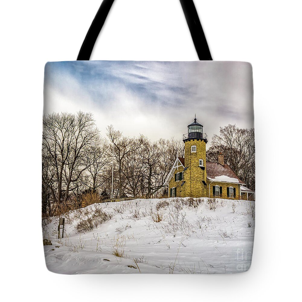 Lighthouse Tote Bag featuring the photograph Cold Day at White River Lighthouse by Nick Zelinsky Jr