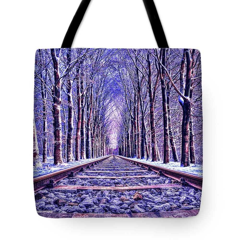 Cold Tote Bag featuring the digital art Cold Steel Rails by David Luebbert