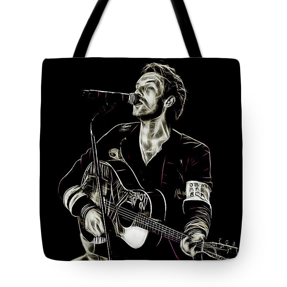 Coldplay Tote Bag featuring the mixed media Coldplay Collection Chris Martin by Marvin Blaine
