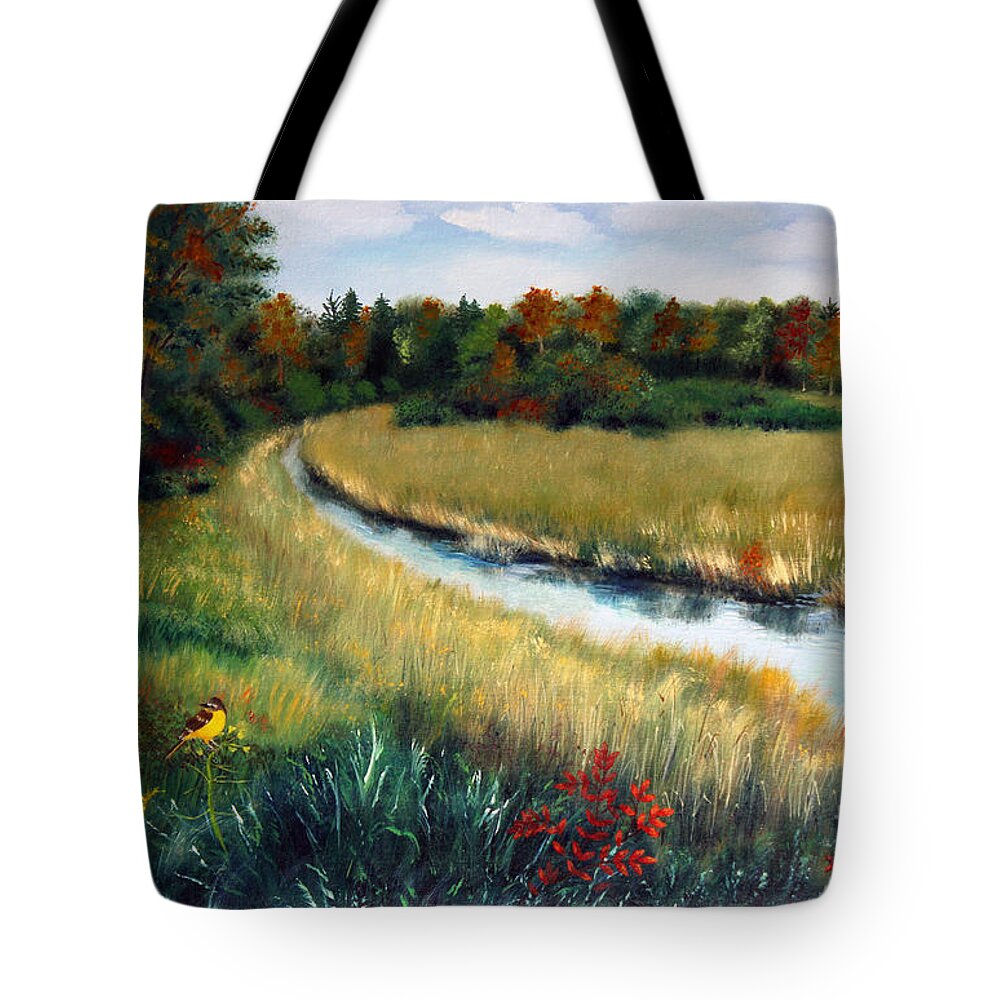 Maine Tote Bag featuring the painting Coleman Marsh Finch by Laura Tasheiko
