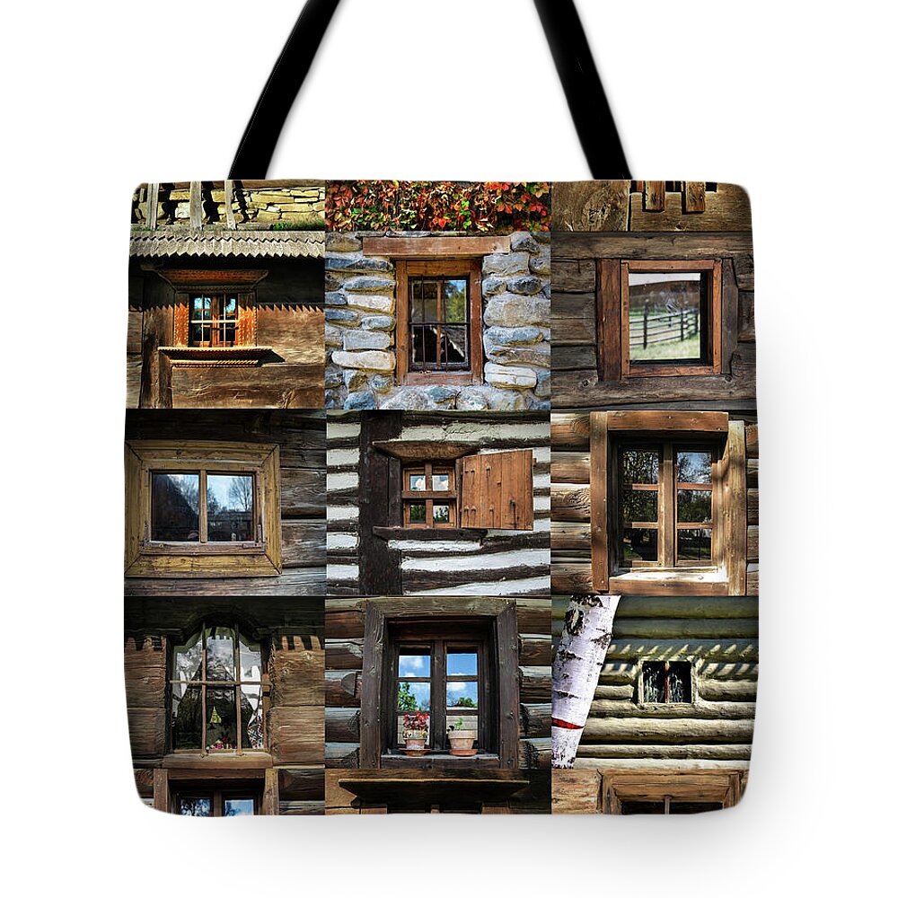 Collage Tote Bag featuring the photograph Collage from Handmade Traditional Wooden Windows in Village Museum Bucharest by Daliana Pacuraru