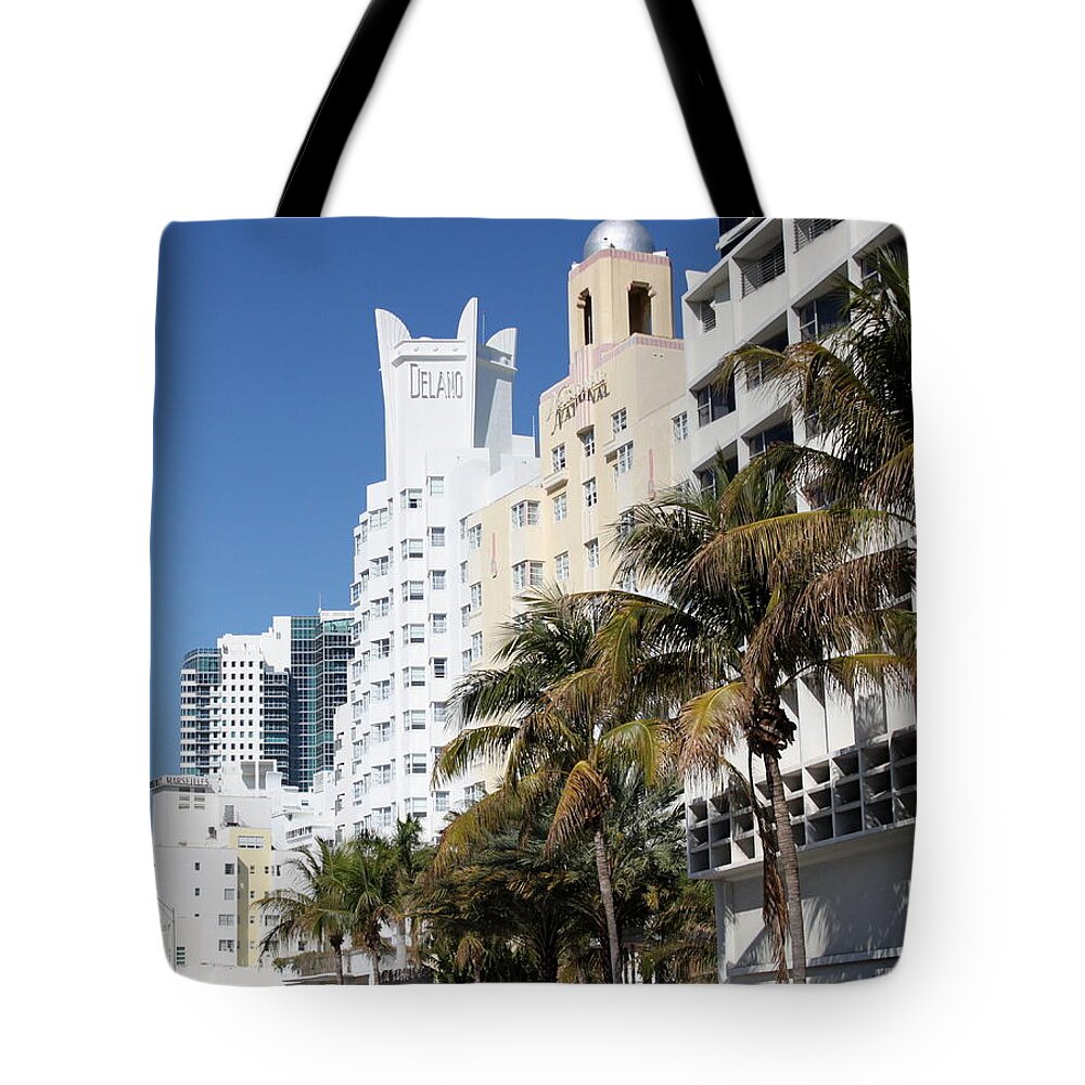 Delano Tote Bag featuring the photograph Collins Avenue. Miami Beach Hotels Street view. by Elton Hazel