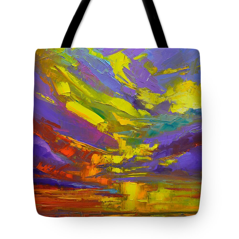 Colorful Sunset Painting Tote Bag featuring the painting Coloful Sunset, oil painting, Modern Impressionist Art by Patricia Awapara