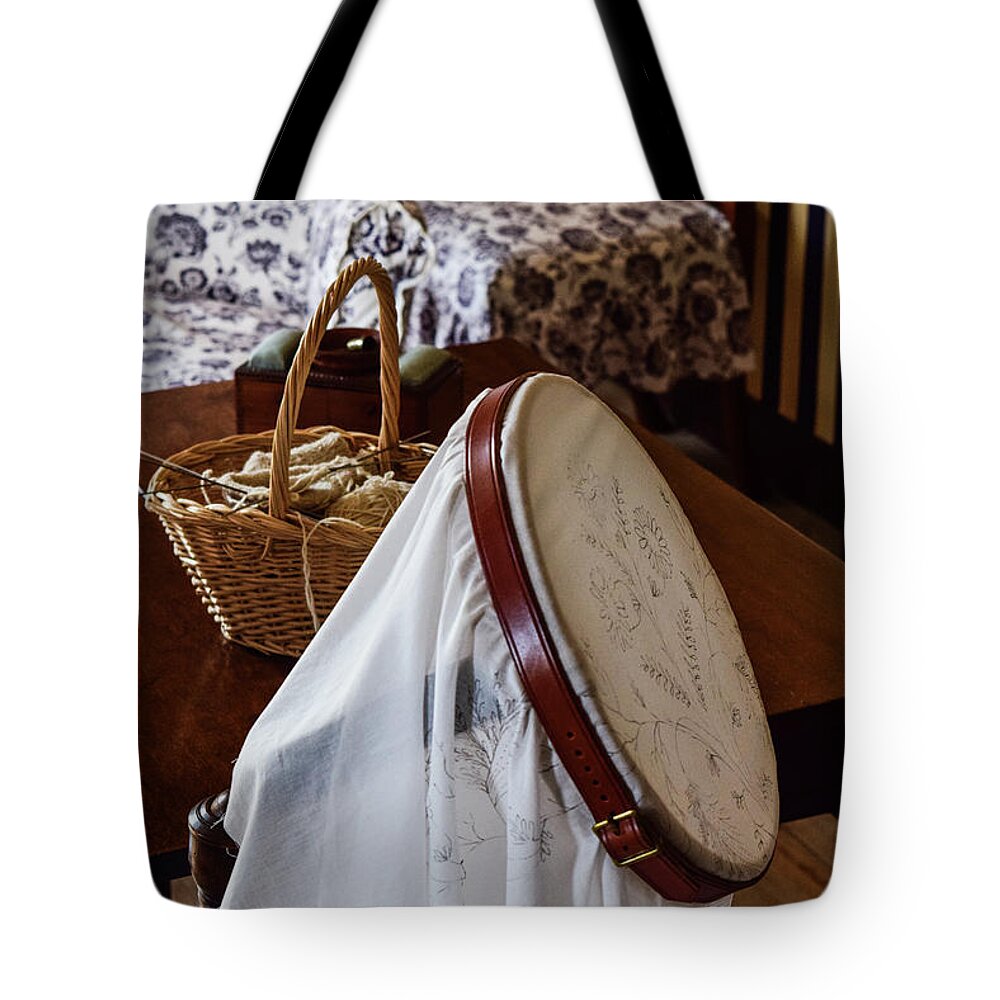 Needlework Tote Bag featuring the photograph Colonial Needlework by Nicole Lloyd