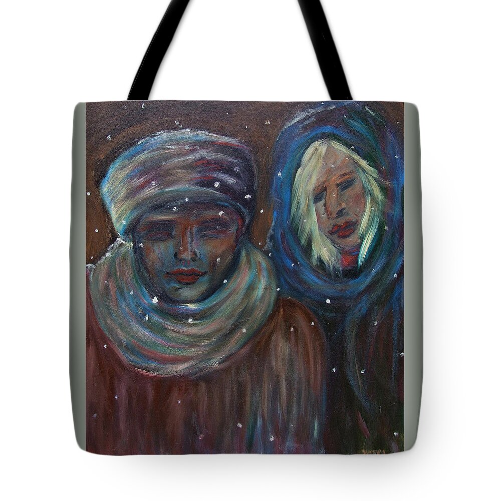 Katt Yanda Original Art Oil Painting Canvas Snow Snowflakes Two Women Winter Peaceful Tote Bag featuring the painting Color of Winter by Katt Yanda