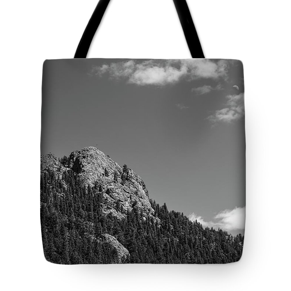 Black White Tote Bag featuring the photograph Colorado Buffalo Rock With Waxing Crescent Moon In BW by James BO Insogna
