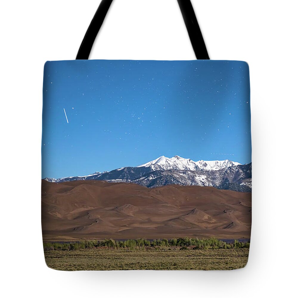 Sand Dunes Tote Bag featuring the photograph Colorado Great Sand Dunes with Falling Star by James BO Insogna
