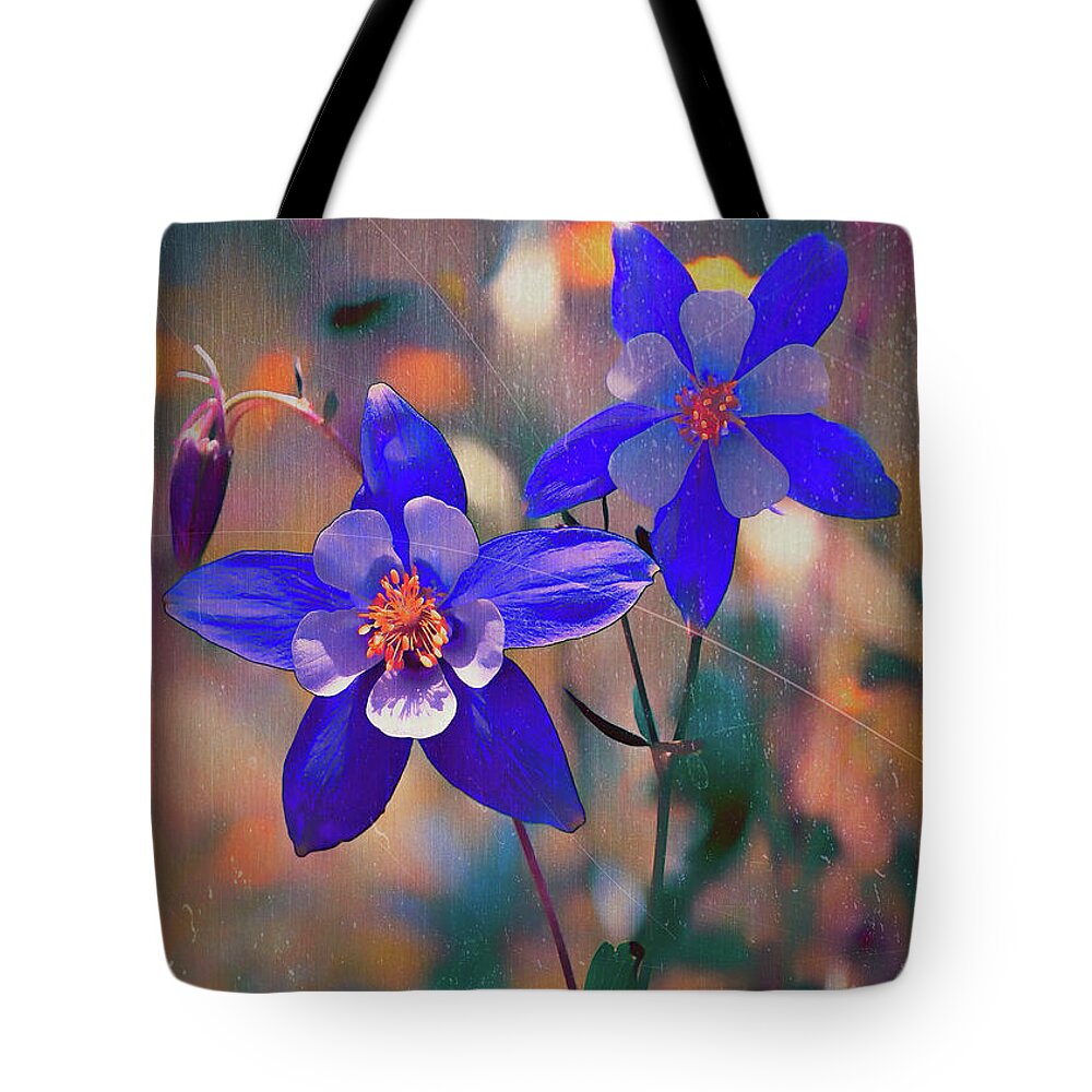 Blossums Tote Bag featuring the photograph Columbine - Colorado State Flower by OLena Art by Lena Owens - Vibrant DESIGN