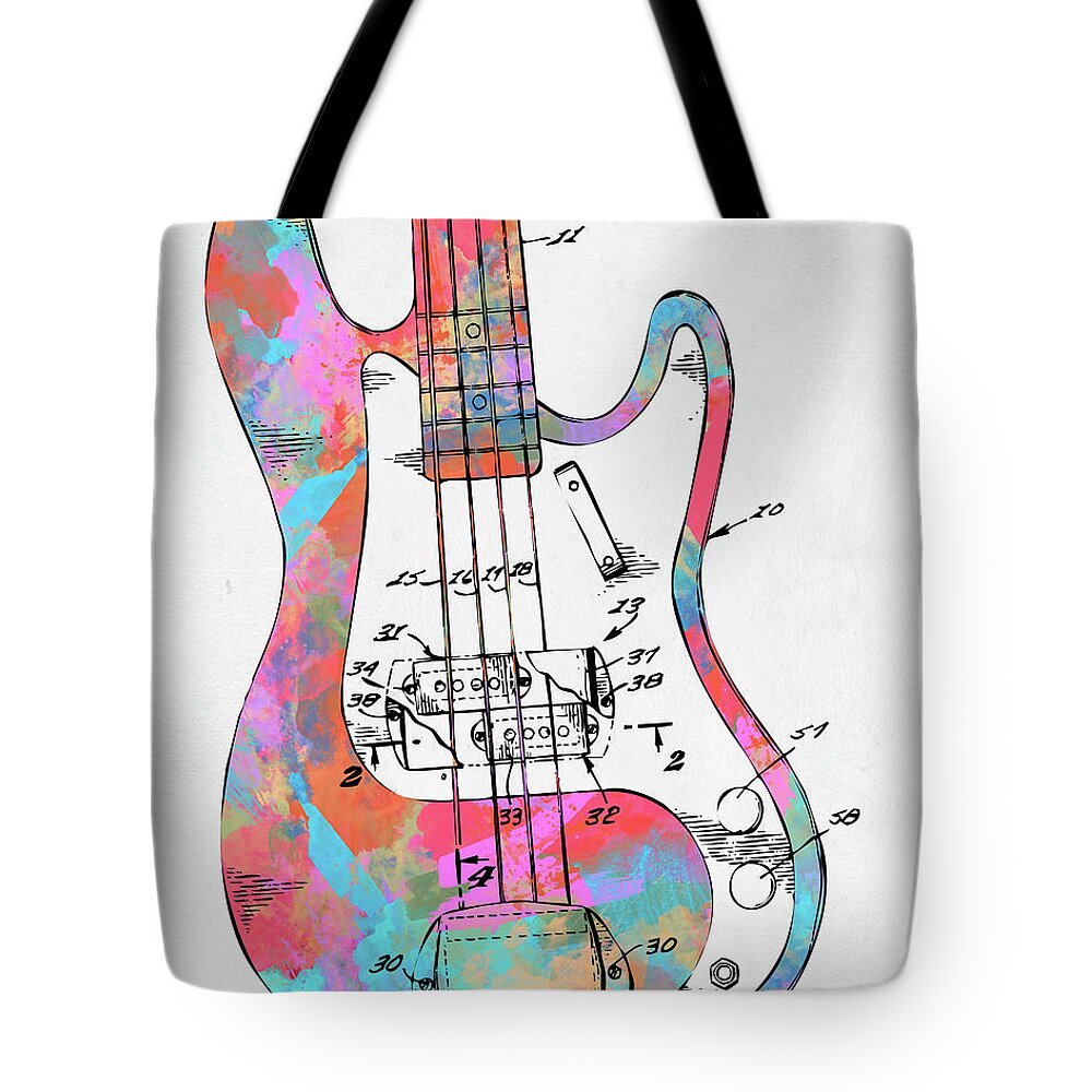 Fender Guitar Tote Bag featuring the digital art Colorful 1961 Fender Guitar Patent by Nikki Marie Smith