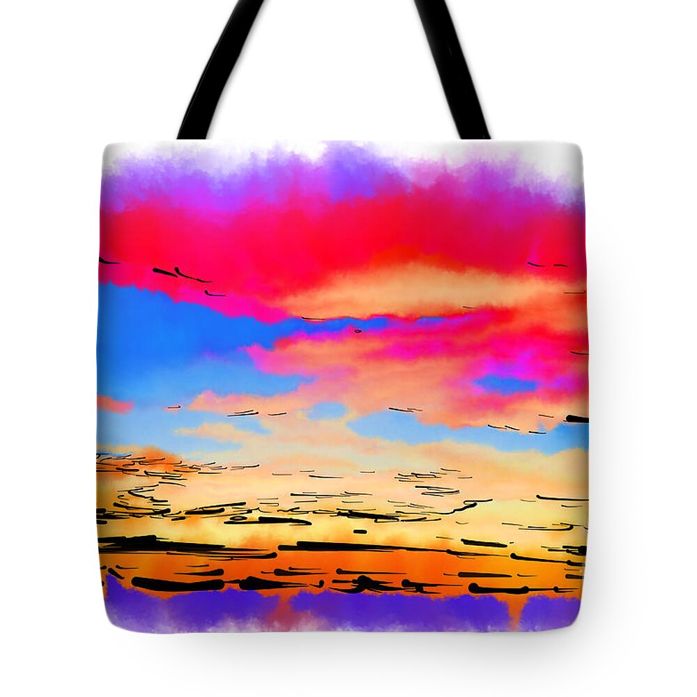 Abstract-art Tote Bag featuring the digital art Colorful Abstract Sunset by Kirt Tisdale