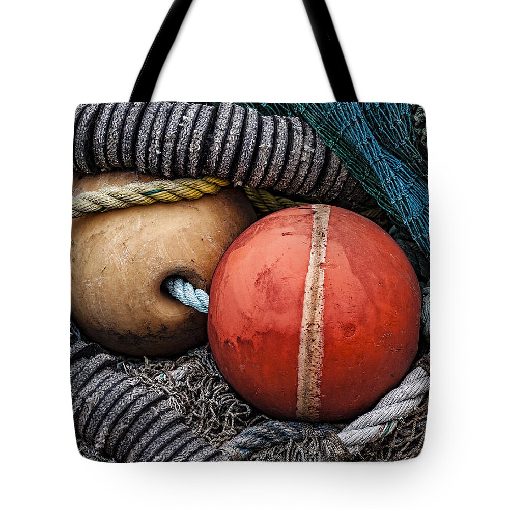 Oregon Tote Bag featuring the photograph Colorful Buoys and Nets by Carol Leigh