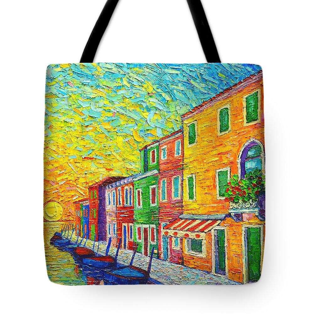 Venice Tote Bag featuring the painting Colorful Burano Sunrise - Venice - Italy - Palette Knife Oil Painting By Ana Maria Edulescu by Ana Maria Edulescu