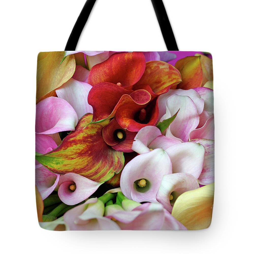 Backgrounds Tote Bag featuring the photograph Colorful Calla Lilies by Bruce Block