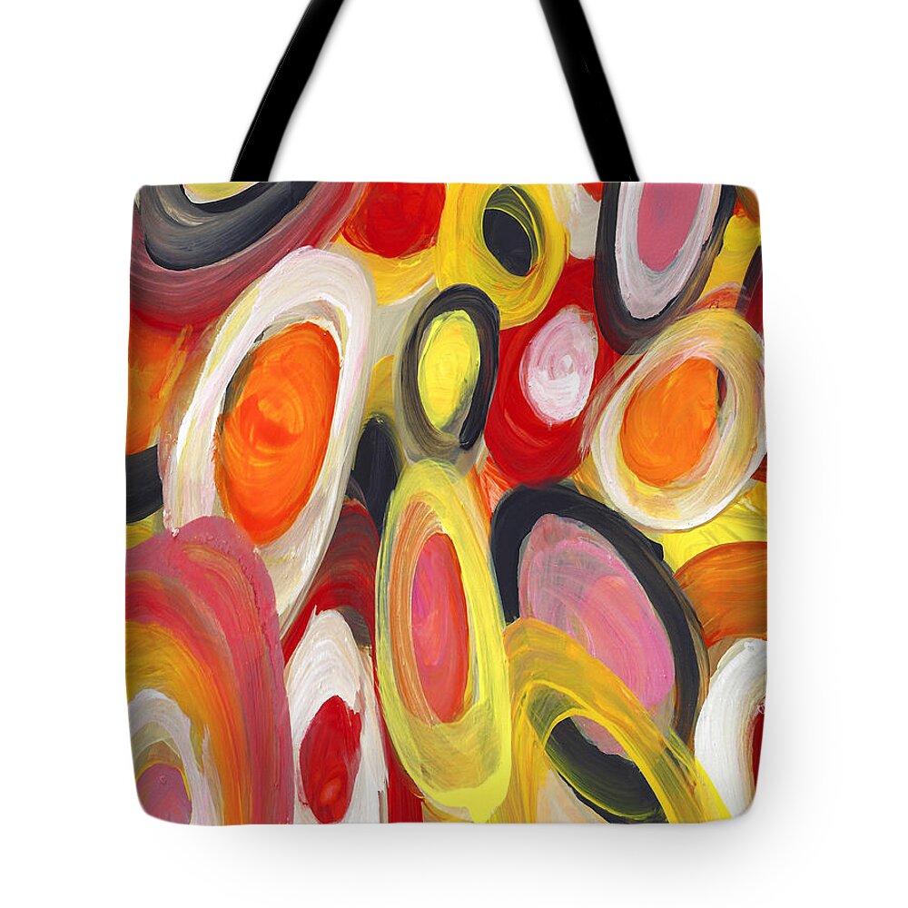 Circles Tote Bag featuring the painting Colorful Circles in Motion Vertical by Amy Vangsgard