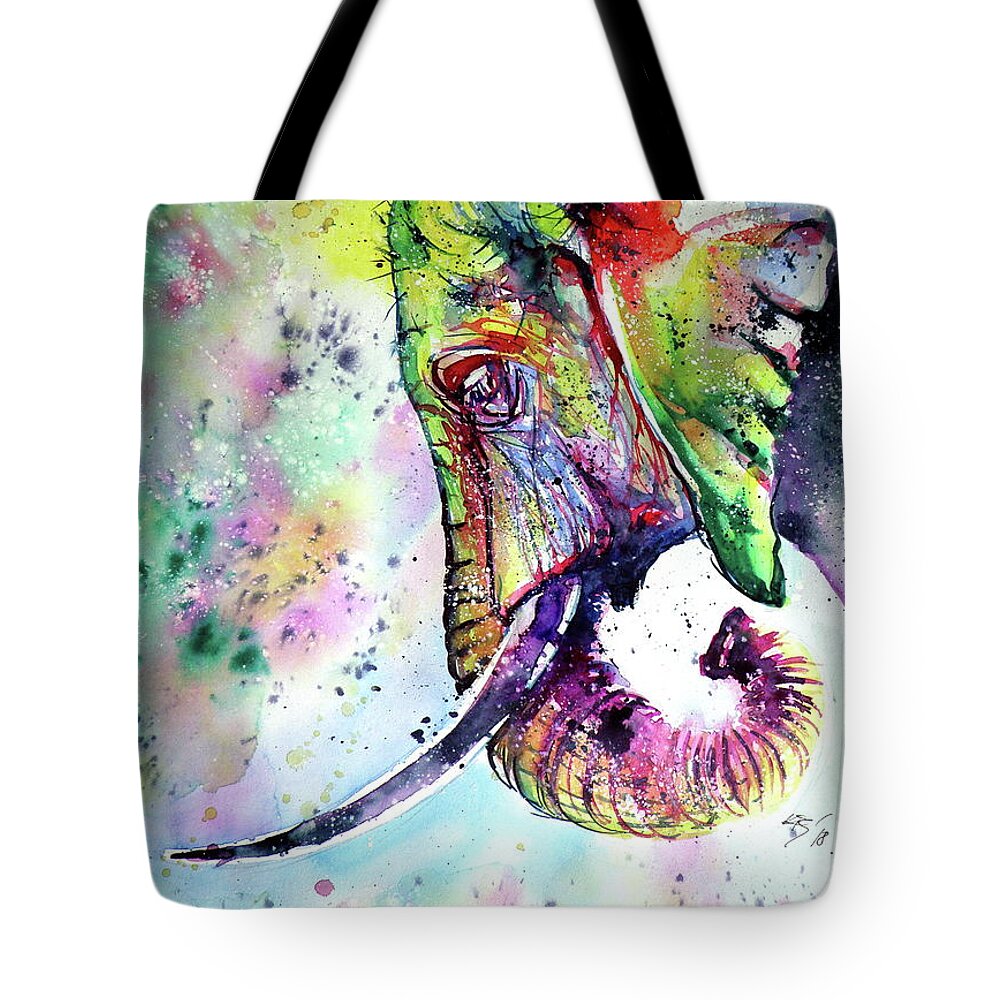 Animal Tote Bag featuring the painting Colorful elephant dreaming by Kovacs Anna Brigitta