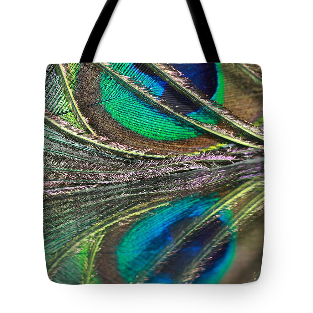 Peacock Tote Bag featuring the photograph Colorful Feather Strands by Angela Murdock
